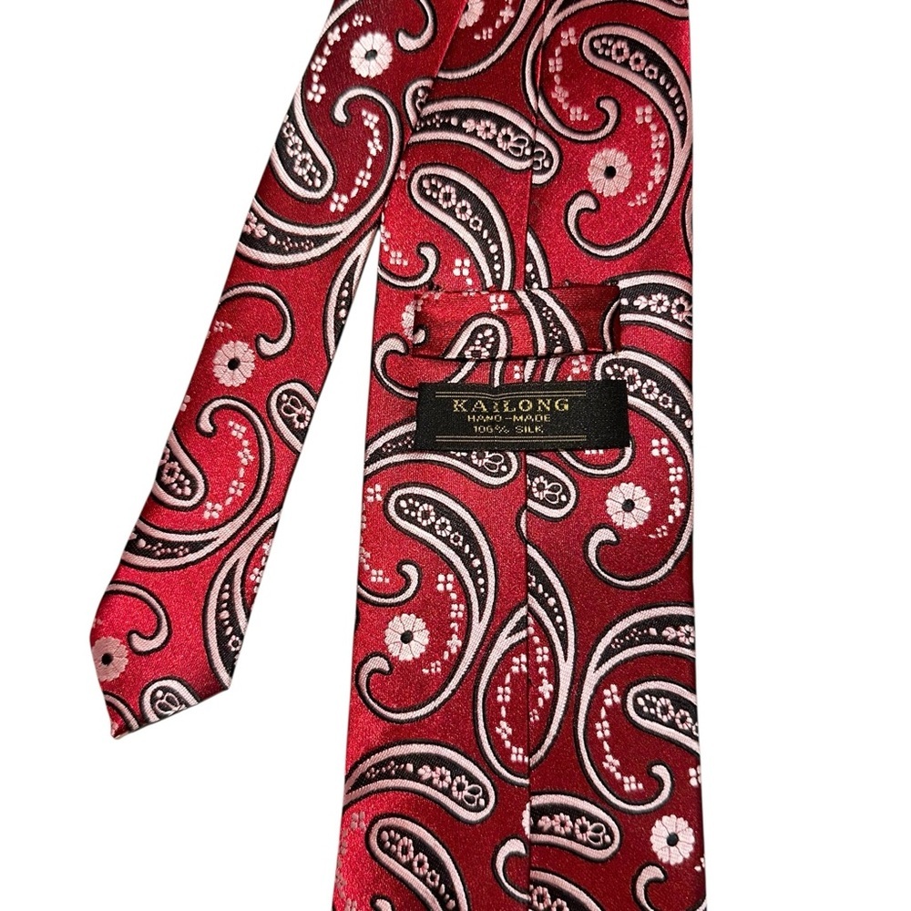 Vtg Kai Long Mens Tie Handmade 100% Silk Red Paisley Necktie 57x3.75” - Picture 3 of 5